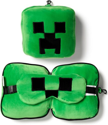 Creeper shaped plush travel pillow and eye mask. Kids travel accessories for sleeping on airplane. Flight plane neck pillow
