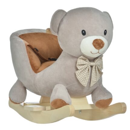 HOMCOM Kids Children Rocking Horse Plush Ride On Bear Seat with Sound Wood Base Seat Safety Belt Toddler Baby Toy for 18-36