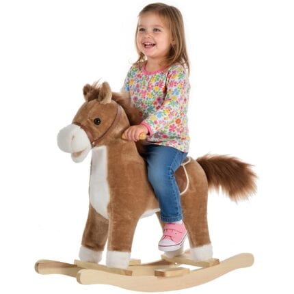 HOMCOM Kids Plush Rocking Horse w/ Moving Mouth Tail Sounds 18-36 Months Brown Animal Soft Toy